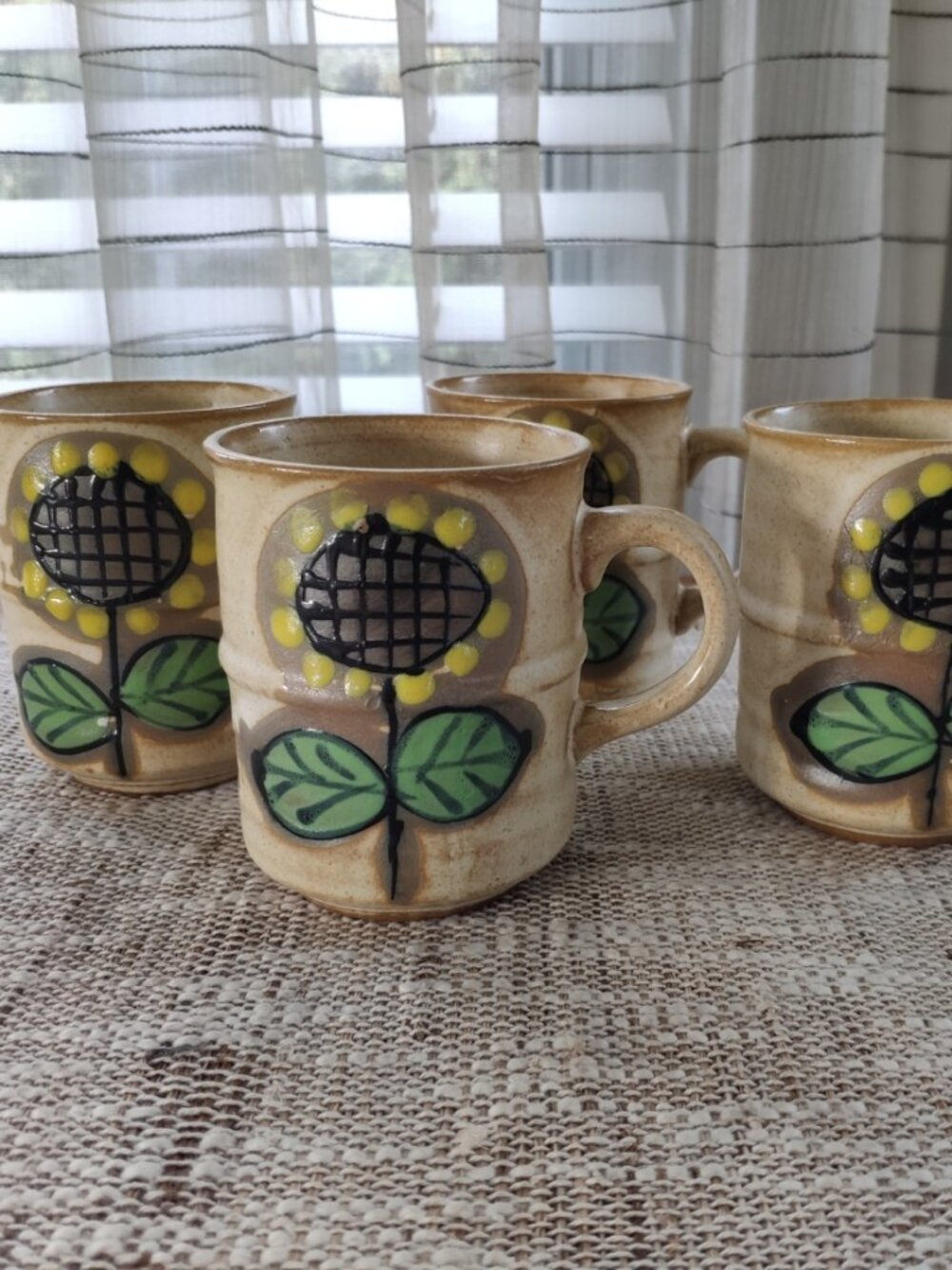 Hand Painted Relief Sunflowers Coffee Mugs Set of 4 VTG MCM Japan Pottery 3.75"